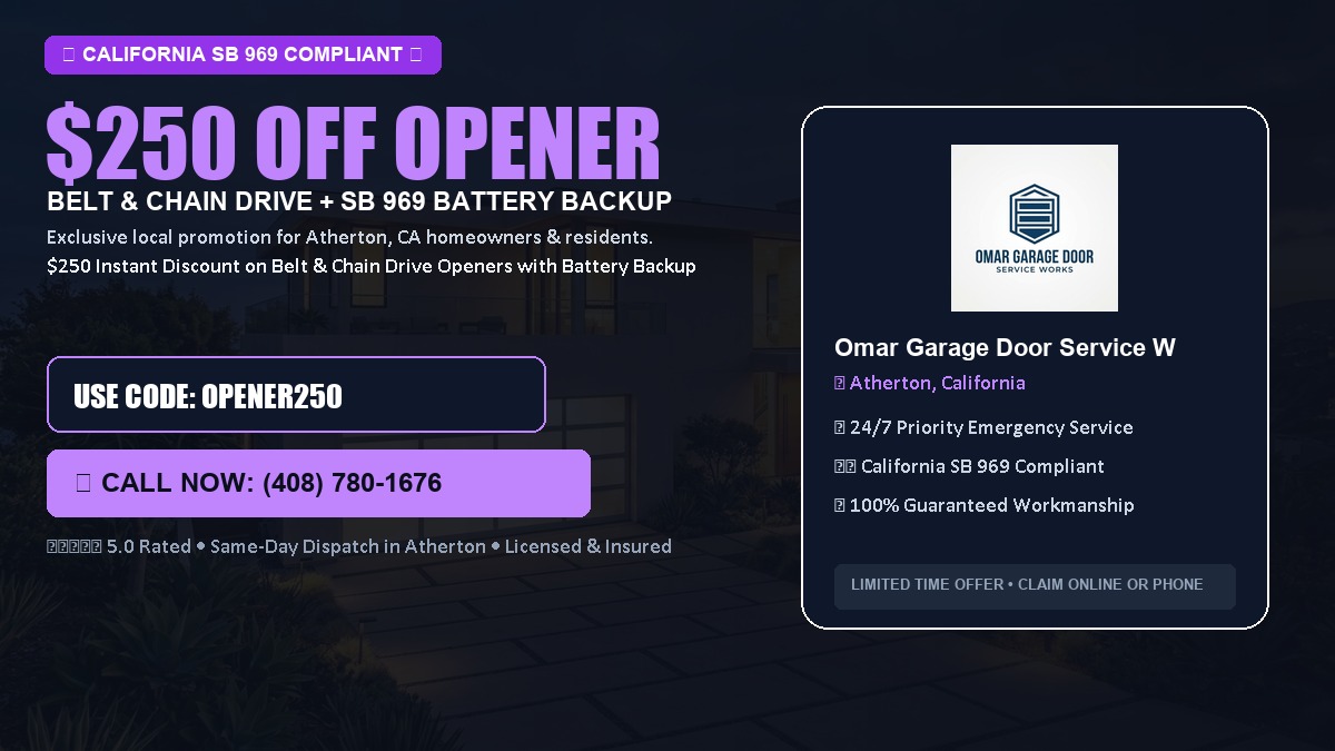 $250 OFF Smart Garage Door Opener Installation (Belt & Chain Drive with California SB 969 Battery Backup) in Atherton, CA
